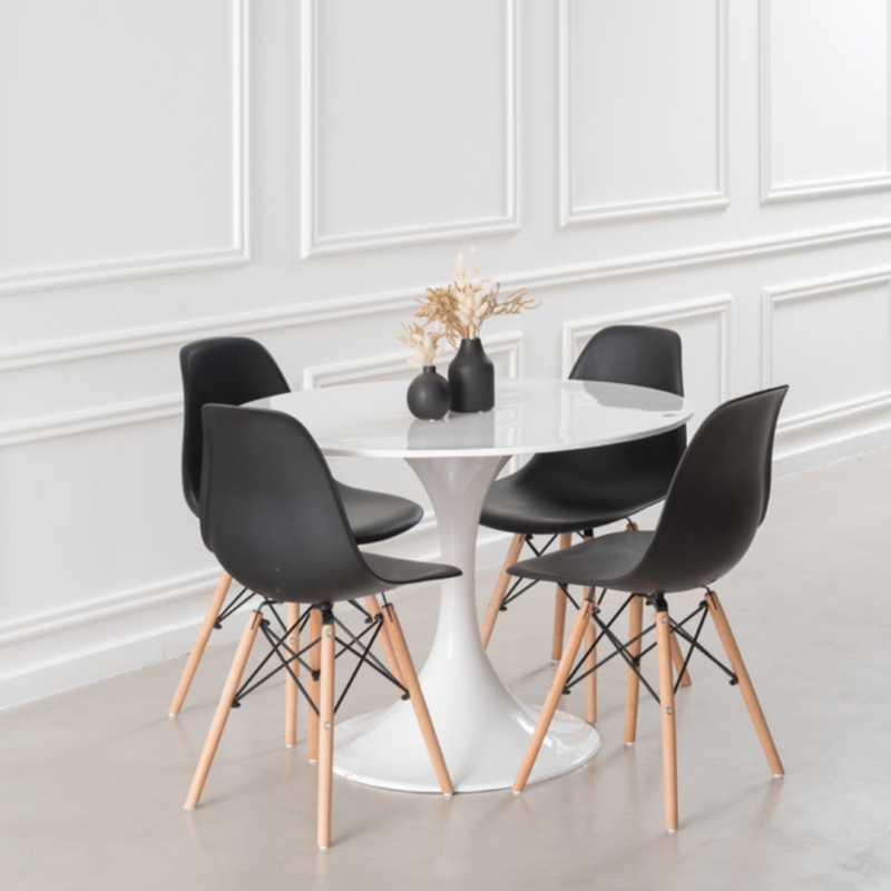 Mesa Tulip 100cm + 4 Sillas Eames negras