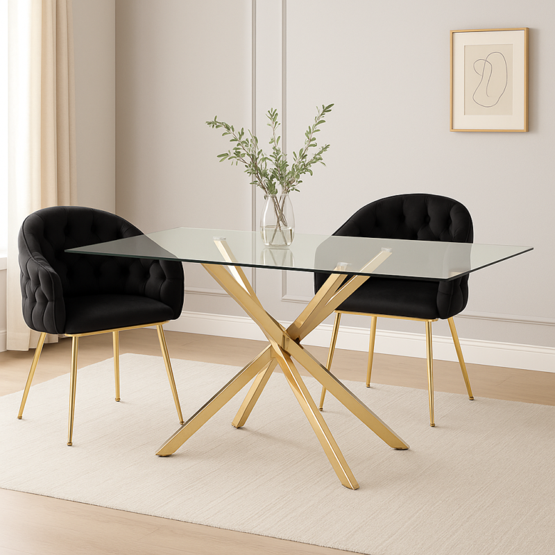 Mesa de Comedor 160×90 – Tapa de Vidrio y Base Dorada Cruzada
