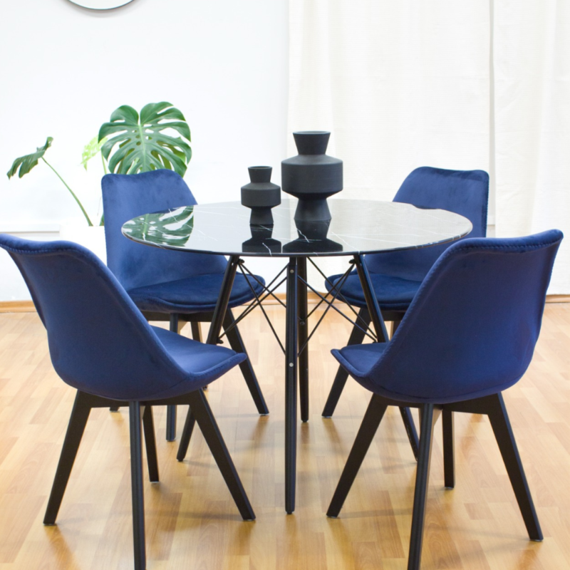 MESA EAMES BLACK 100CM + 4 SILLAS TULIP PANA AZUL