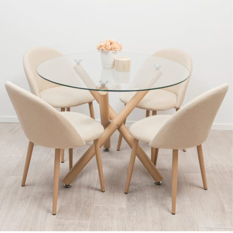 Mesa Turin 100cm + 4 sillas Tapizada en lino beige