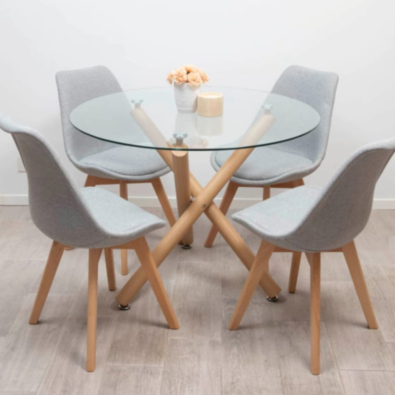 Mesa Turin 100cm + 4 sillas tulip lino gris