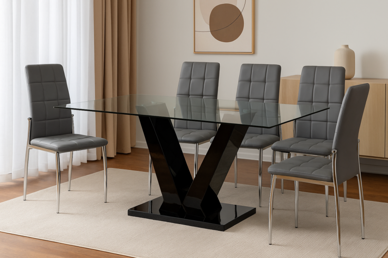 Mesa BLUMMA 160×90 – Tapa de Vidrio Templado y Base Negra en V