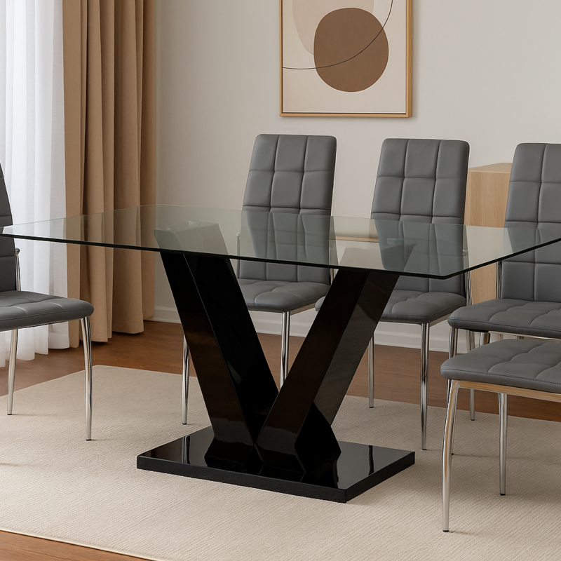 Mesa BLUMMA 160×90 – Tapa de Vidrio Templado y Base Negra en V