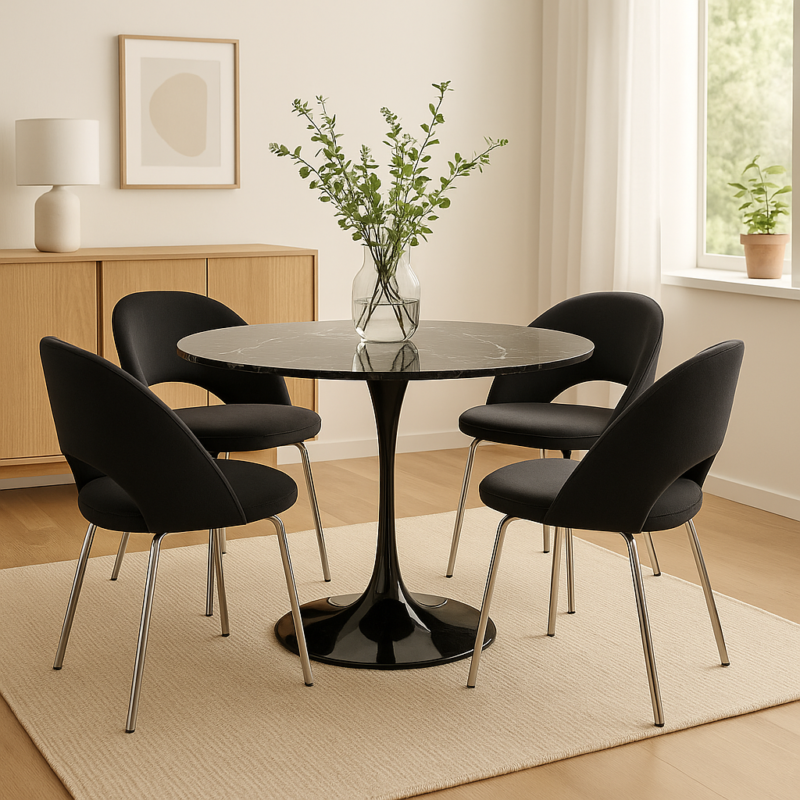 Mesa Tulip Negra 120 cm – Tapa Símil Mármol