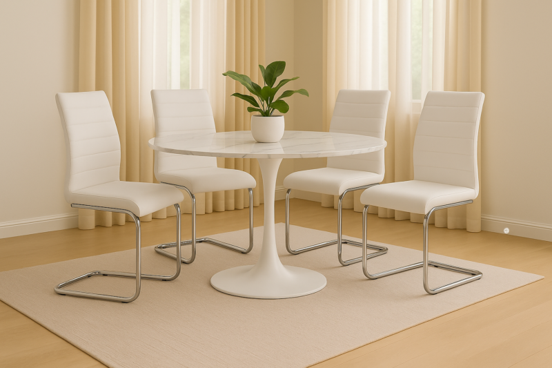 Juego de Comedor Redondo 120 cm – Tapa Símil Mármol Blanco + 4 Sillas Blancas Tapizadas