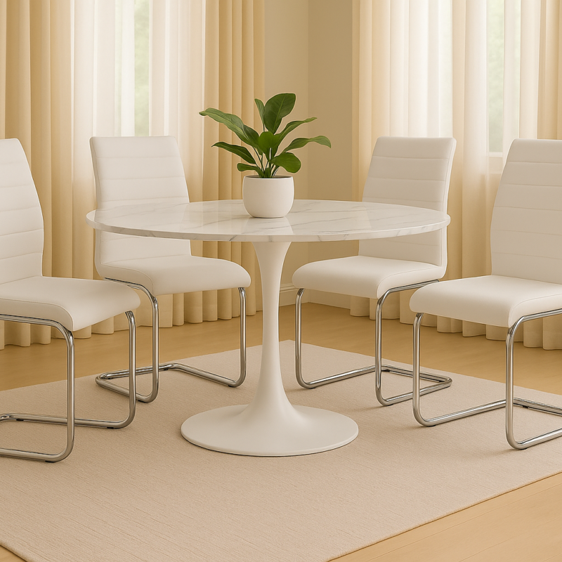 Juego de Comedor Redondo 120 cm – Tapa Símil Mármol Blanco + 4 Sillas Blancas Tapizadas