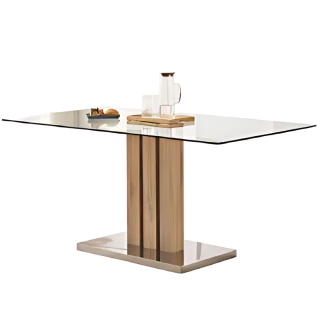 Mesa Famili 160×90 – Tapa de Vidrio Templado, Base en Madera y Acero