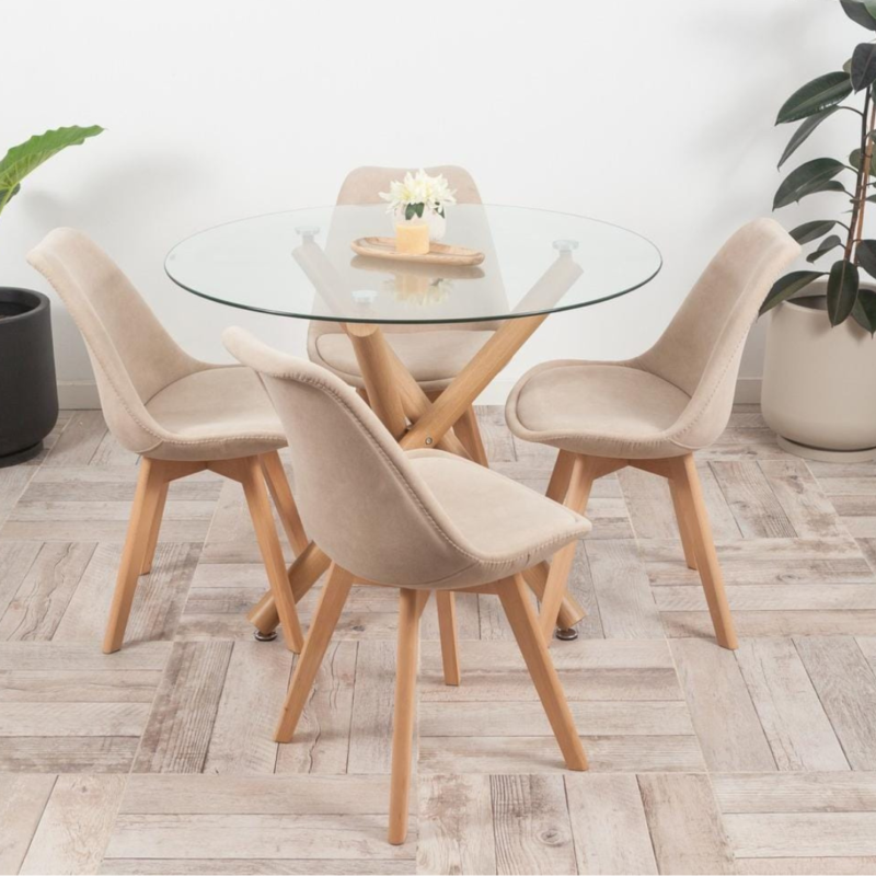 Mesa turin 100cm + 4 sillas tulip pana beige