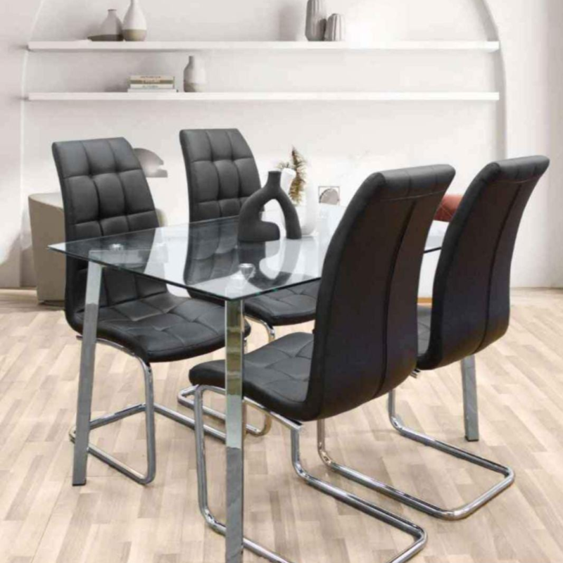 Mesa mumbai cromo 140x80 + 4 sillas negra eco cuero