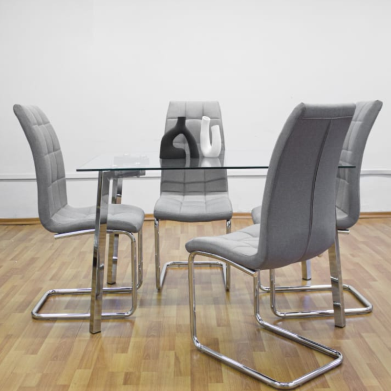 Mesa mumbai cromo 140x80 + 4 sillas Gris lino