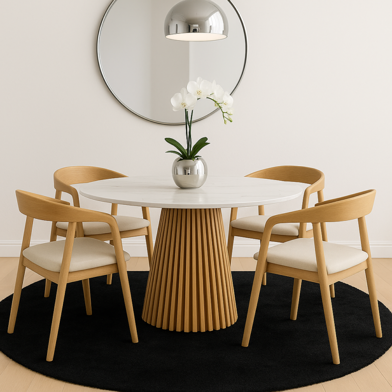 Mesa Redonda 120 cm – Tapa Símil Mármol Blanco y Base Estriada de Madera