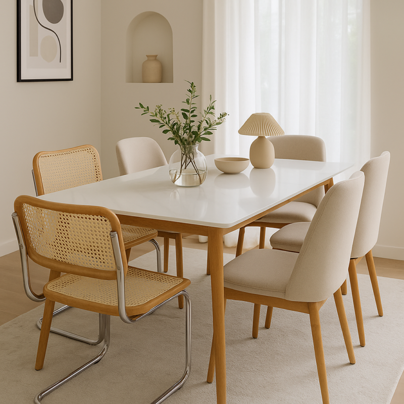Mesa Gala  Calacatta - Tapa de Piedra Sinterizada, Base simil madera