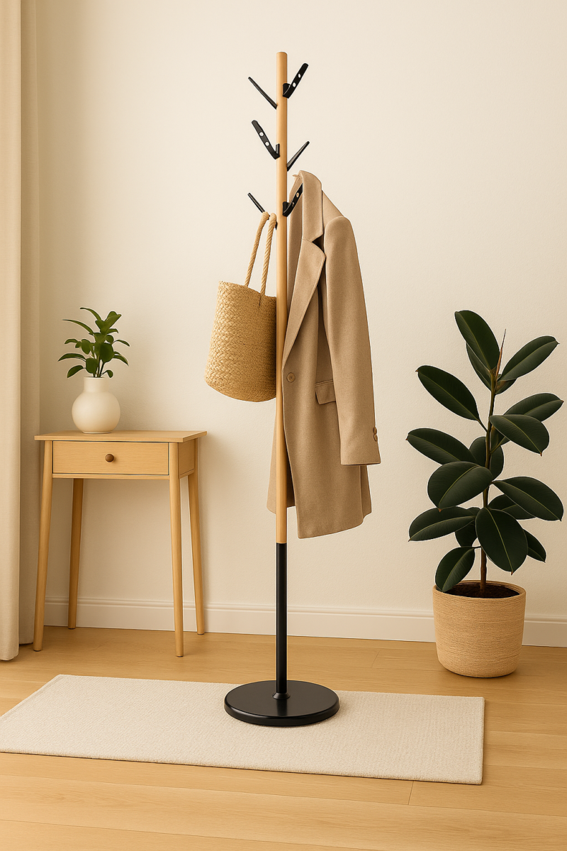 Perchero de Pie – Madera Natural y Base Negra