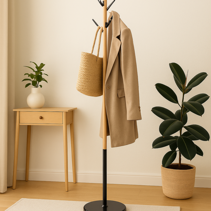 Perchero de Pie – Madera Natural y Base Negra