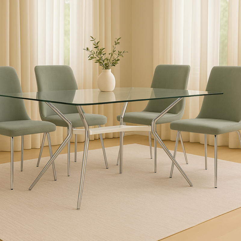 Mesa de Comedor 160×90 – Tapa de Vidrio y Base Metálica