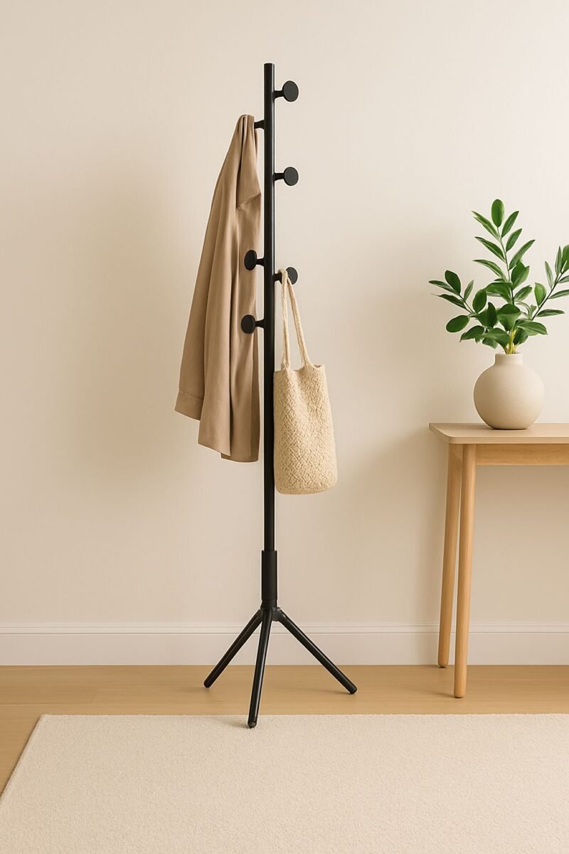 Perchero Minimalista de Pie en Acero Negro con Base Trípode