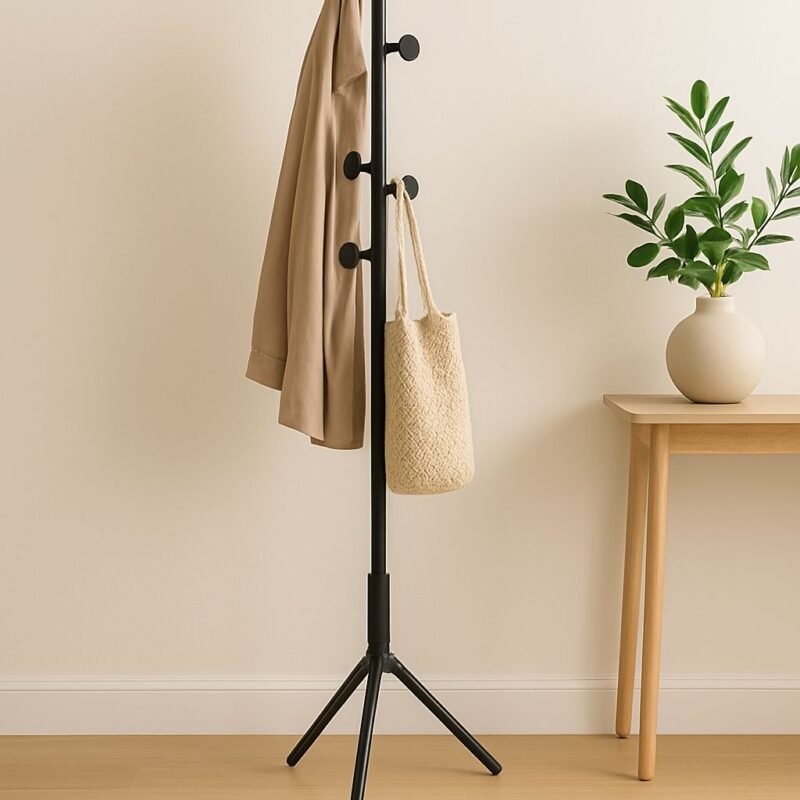 Perchero Minimalista de Pie en Acero Negro con Base Trípode