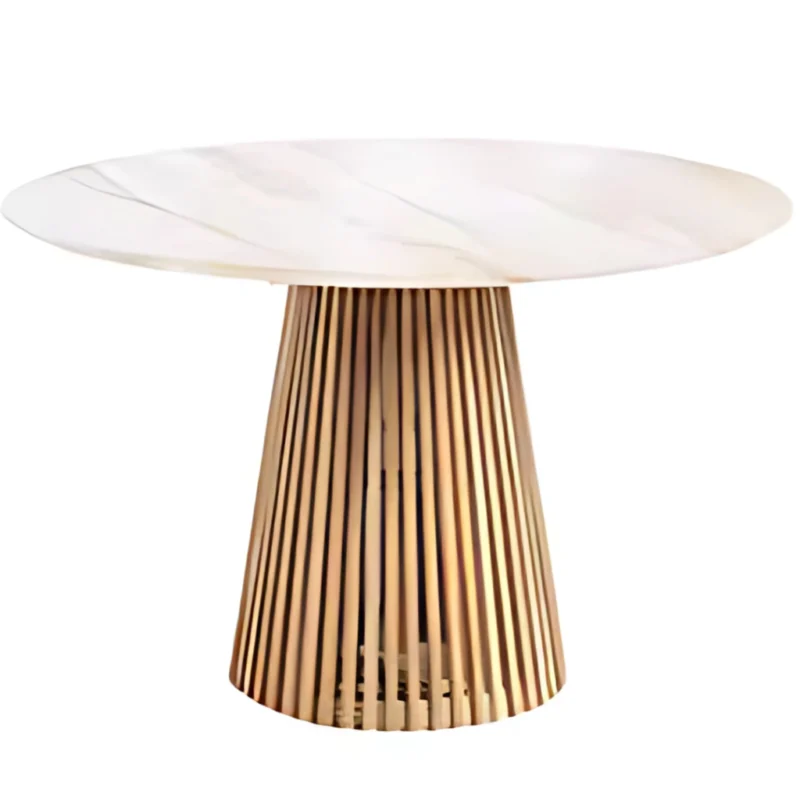Mesa Redonda 120 cm – Tapa Símil Mármol Blanco y Base Estriada de Madera