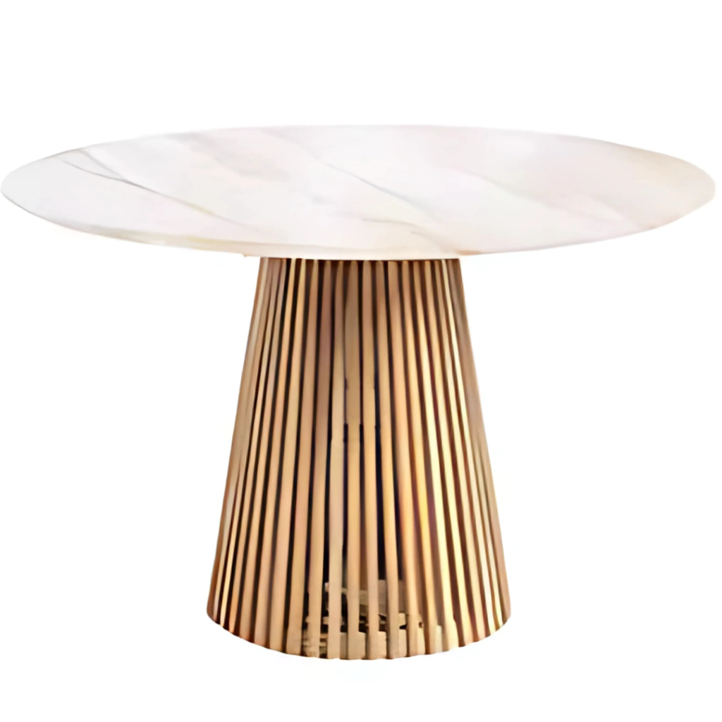 Mesa Redonda 120 cm – Tapa Símil Mármol Blanco y Base Estriada de Madera