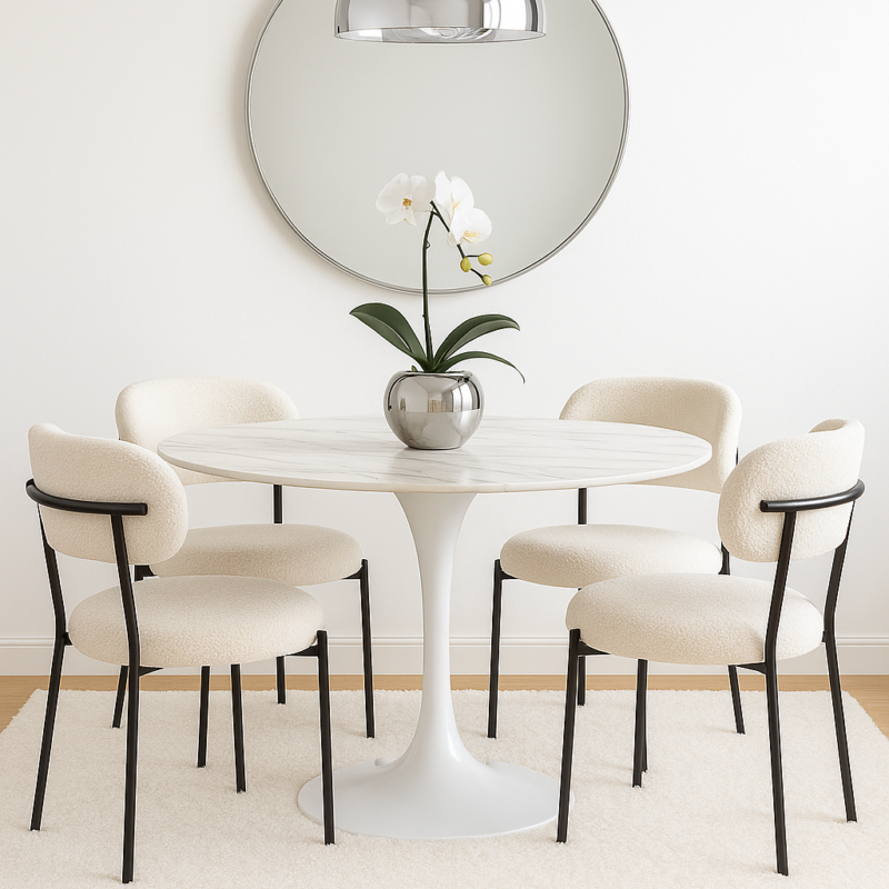 Juego de Comedor Redondo Estilo Nórdico Tulip + Sillas Bouclé