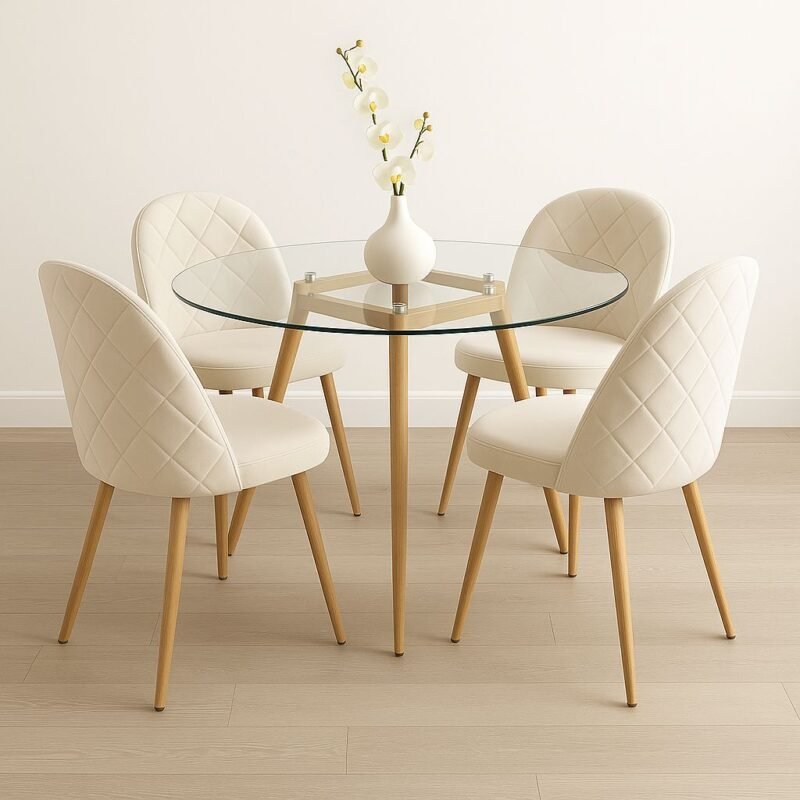Conjunto Comedor Redondo – Vidrio + Sillas de Pana Beige