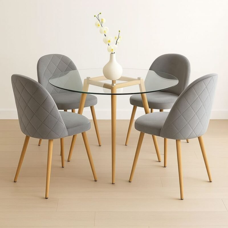Conjunto Comedor Redondo – Vidrio + Sillas de Pana gris