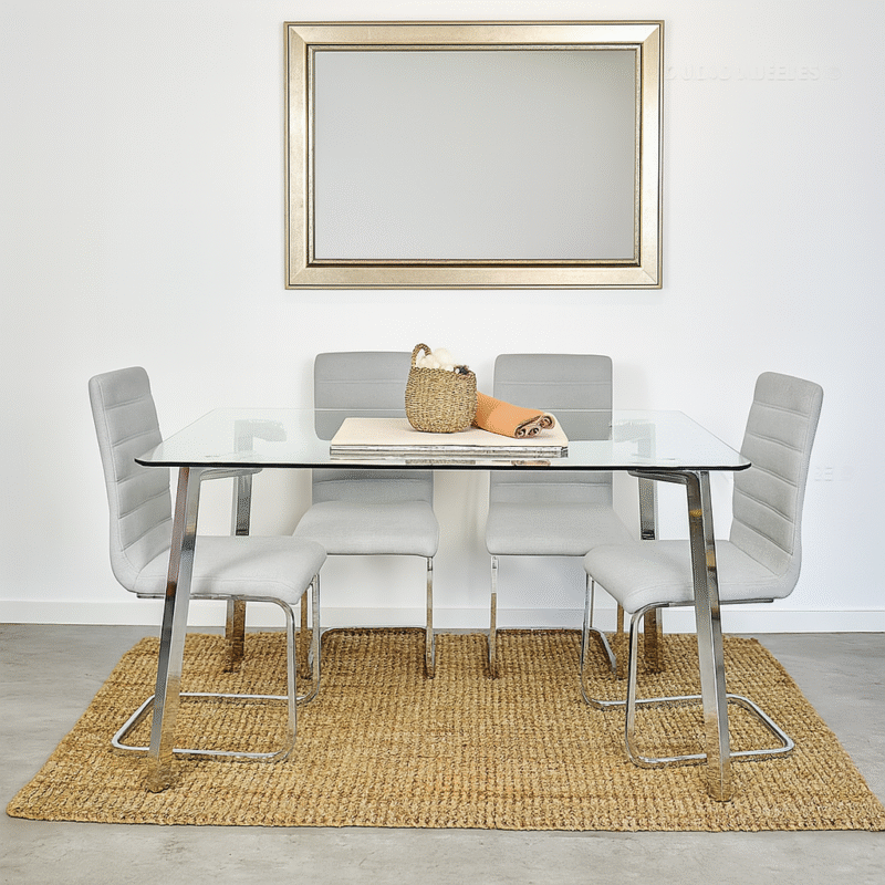 Juego de Comedor 140x80 cm con Sillas Tapizadas gris en lino