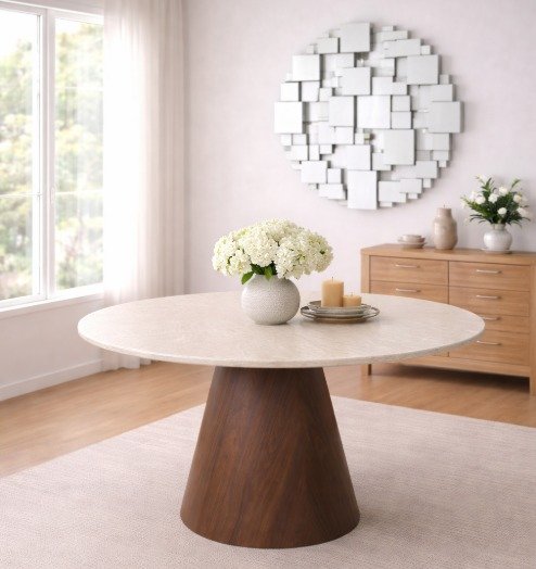 Mesa Redonda 120 cm – nogal tapa simil marmol