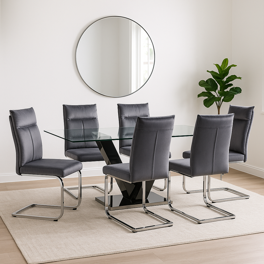 Mesa Vanna 160x90 + 6 sillas amal gris pana