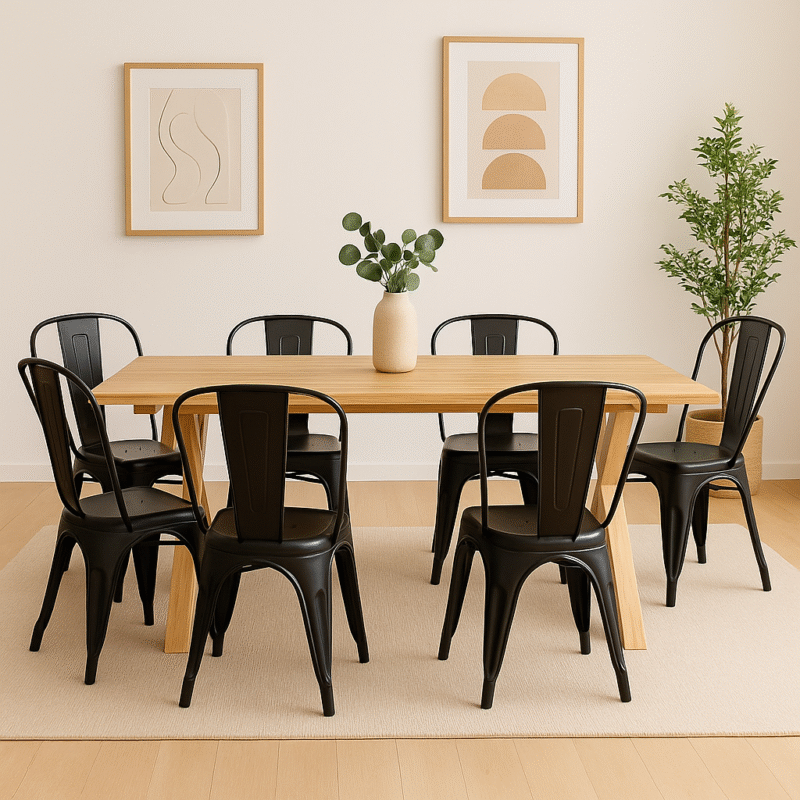 Mesa madera 180x90 + 6 sillas tolix negra