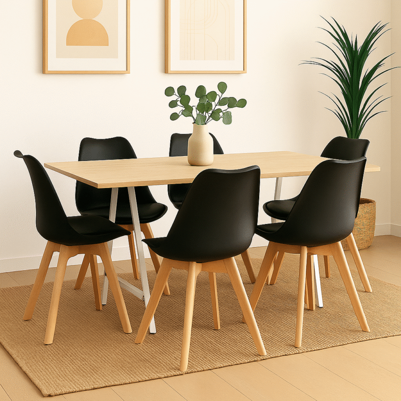 Mesa madera 180x90 + 6 sillas tulip negro