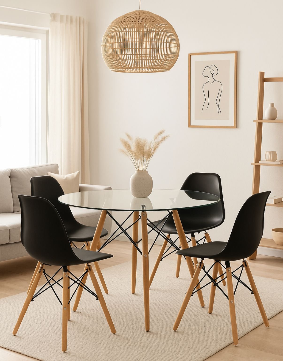 Mesa eames 100cm + 4 sillas eames negro