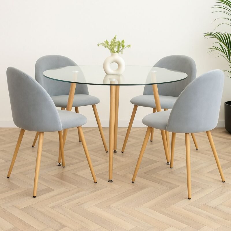 Mesa vidrio 100cm + 4 sillas pana gris