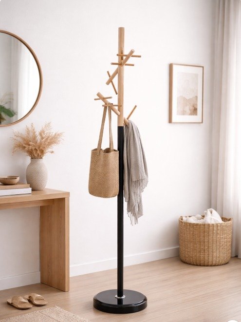 Perchero de Pie combinado con negro y madera