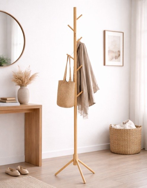 Perchero de Pie con Terminación Símil Madera – Diseño Moderno y Funcional