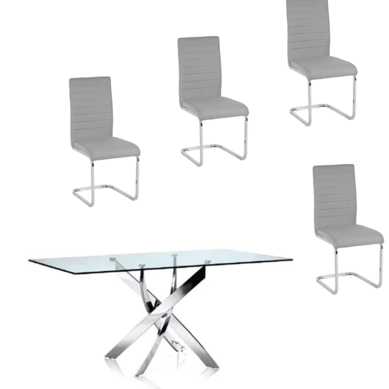 Mesa insignia cromo + 4 sillas gris lino