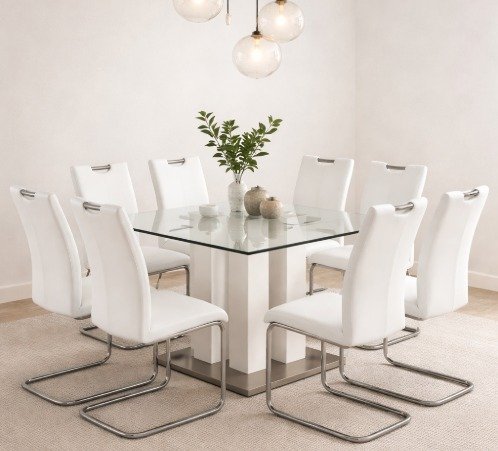 Mesa Cuadrada 140x140 + 8 sillas Beccza blanca eco cuero