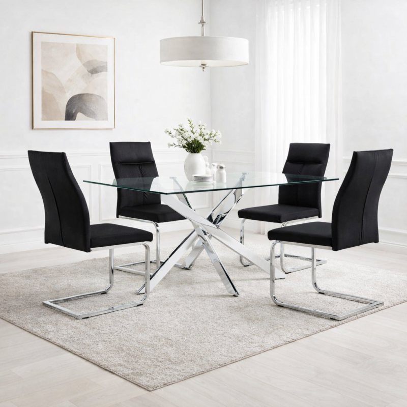 Mesa insignia 150x80 y 4 sillas amal pana negro