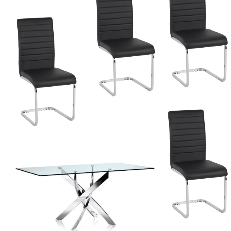Mesa insgnia cromo + 4 sillas negra eco cuero